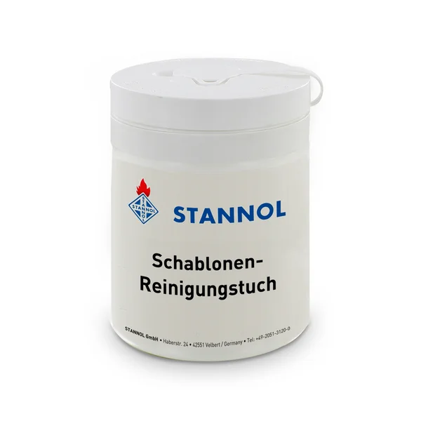 Auf dem Bild ist eine weiße Dose mit weißem Etikett und Stannol-Logo zu sehen. Auf dem Etikett steht Schablonen-Reinigungstuch.