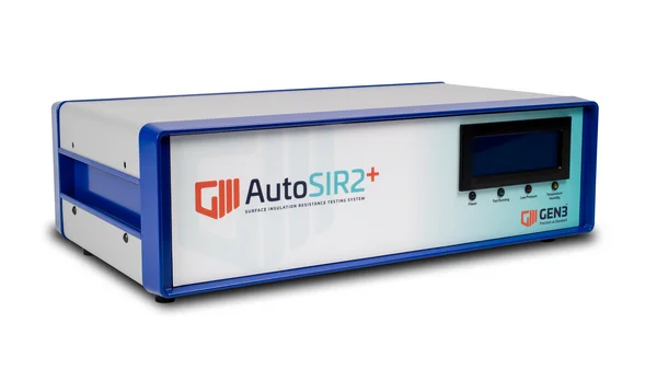 The picture shows the AutoSIR2 device from Gen3 Systems: A rectangular light grey box with a blue border and a display in the top right-hand corner.