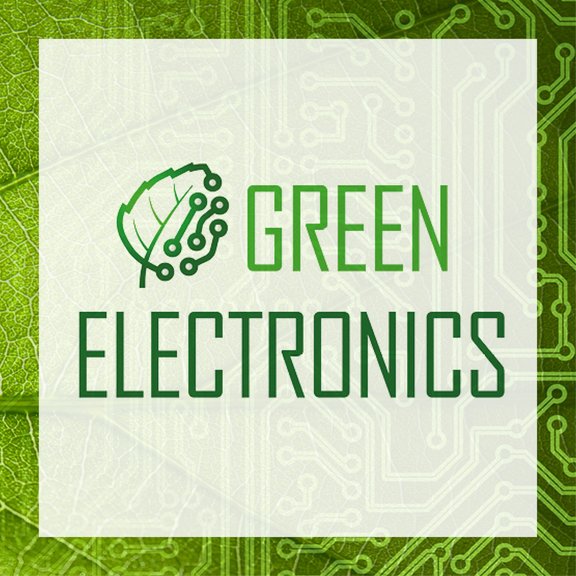 Auf dem Bild ist das Logo von Green Electronics zu sehen: Rechteckig, in verschiedenen Grüntönen gestaltet. In der Mitte steht Green Electronics, daneben ist ein Blatt, das von der Struktur her zur Hälfte wie die Oberfläche einer Leiterplatte aussieht. Auch der Hintergrund ist halb Blattstruktur, halb Leiterplattenstruktur.