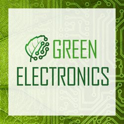 Auf dem Bild ist das Logo der Veranstaltung zu sehen: Der grüne Schriftzug "Green Electronics" auf hellem Grund. Im Hintergrund ist eine grün eingefärbte, stilisierte Leiterplatte zu sehen.