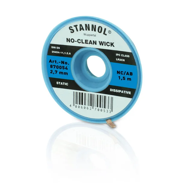Auf dem Bild ist eine schmale blau-schwarze Rolle mit No-Clean Entlötlitze von Stannol zu sehen.
