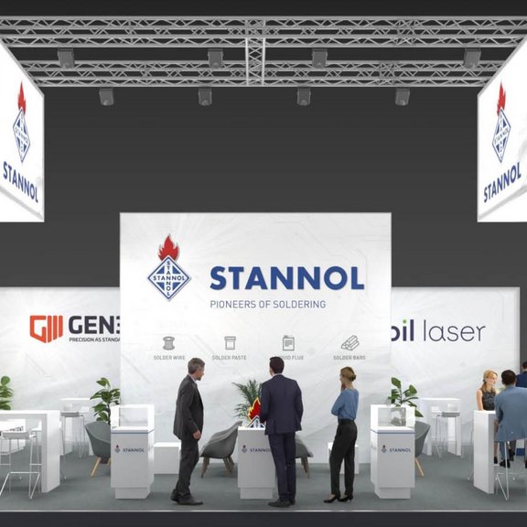 The picture shows the Stannol trade fair stand with some visitors.