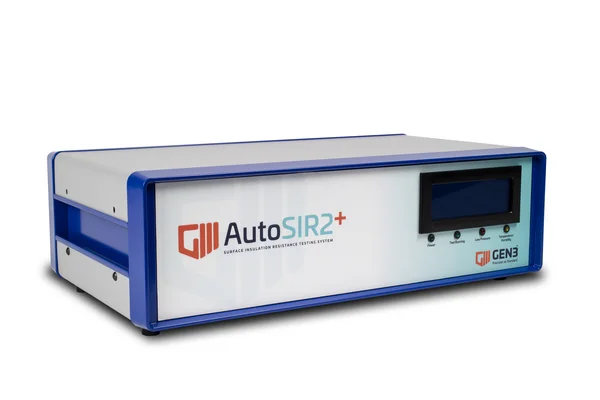 The picture shows the AutoSIR2 device from Gen3 Systems: A rectangular light grey box with a blue border and a display in the top right-hand corner.