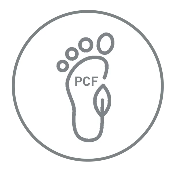 The picture shows a stylised footprint. PCF for Product Carbon Footprint can be read on the foot.