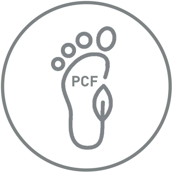 The picture shows a stylised footprint. PCF for Product Carbon Footprint can be read on the foot.