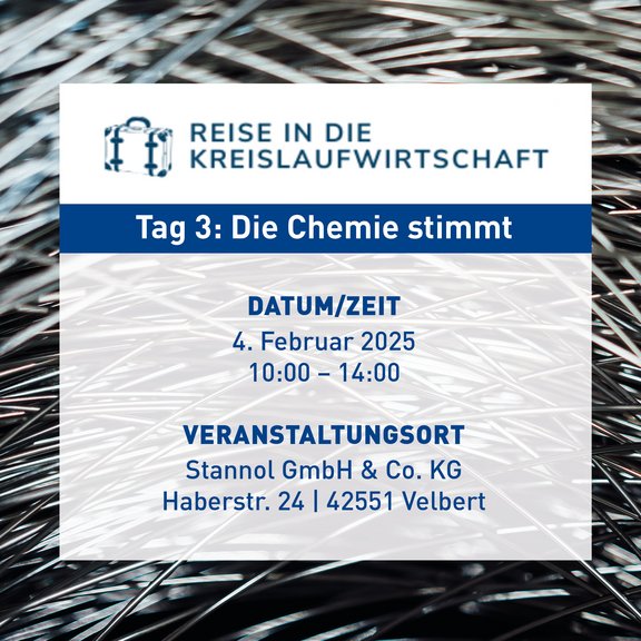 The picture shows the data for the journey into the circular economy. Day 3, The chemistry is right, Date/Time 4 February 2025, 10.00 to 14.00, Venue Stannol Gmbh & Co. KG Haberstraße 24, 42551 Velbert, In the background you can see rolled up solder wires.