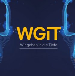 Auf dem Bild ist das Veranstaltungslogo zu sehen: Der orangefarbene Schriftzug WGiT auf blauem Grund.