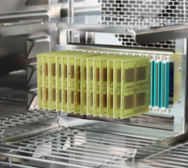 The picture shows a section of a climate chamber. There are several test boards in a holder.