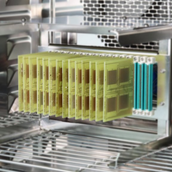 Prepared test boards in the climatic chamber