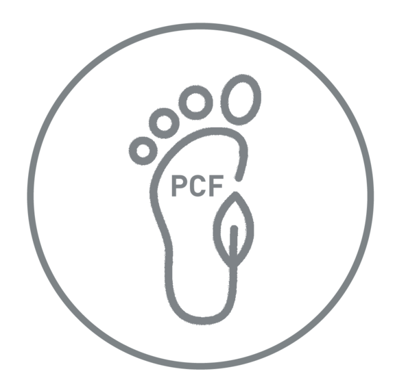 The picture shows a stylised footprint on a grey background, with the lettering PCF in the middle.