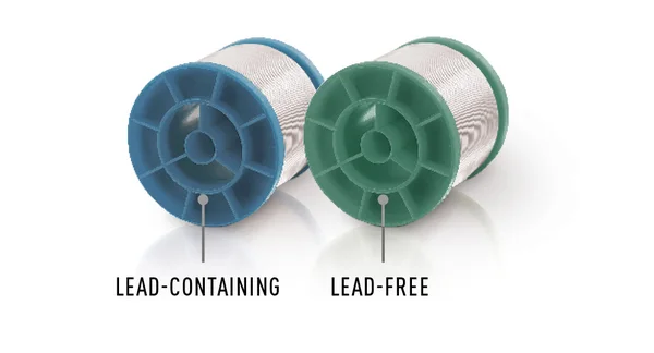 The picture shows two Stannol solder wire spools, one green and one blue. Blue stands for leaded, green for lead-free solder wire.