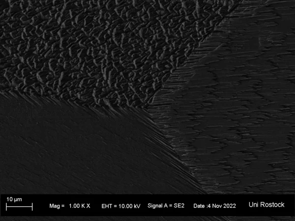 REM-Aufnahme von Sekundärzinn bei 1.000-facher Vergrößerung: Es ist eine schwarze schieferartige Oberfläche mit verschiedenen Erhebungen zu sehen.