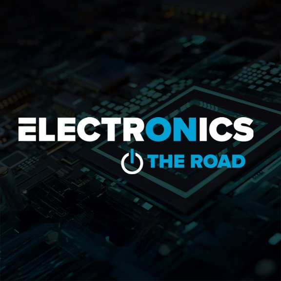 The picture shows the logo of the event: A dark background on which a ladder gap can be recognised. The white and blue lettering Electronics on the Road can be read in the foreground.