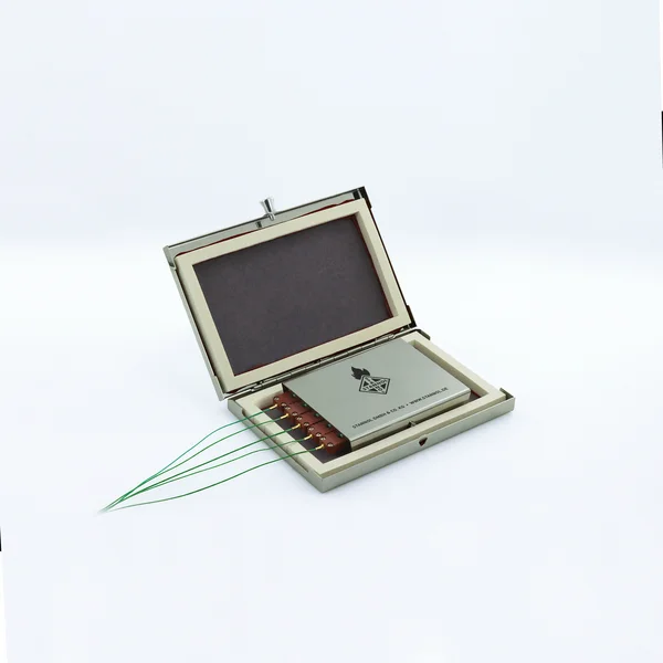 The picture shows the Thermologger 5000 from Stannol, a temperature profile measuring device. The device is about the size of a laptop, has a metal housing and five temperature sensors on the side.