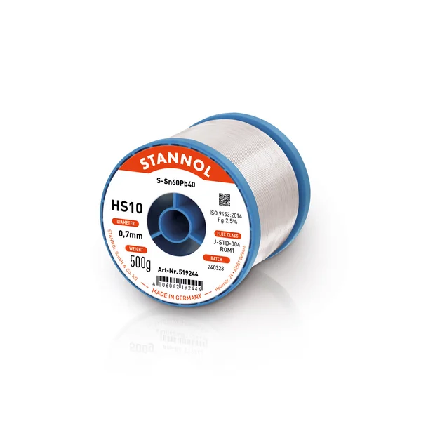 Auf dem Bild ist eine Löhtdraht-Spule von Stannol zu sehen. Sie trägt ein weißes Etikett mit verschiedenen Produktspezifikationen.