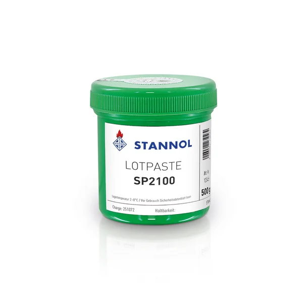 Auf dem Bild ist eine grüne SP2100-Lotpastendose von Stannol zu sehen. Das Etikett ist weiß und zeigt das Stannol-Logo sowie verschiedene Produktspezifikationen.